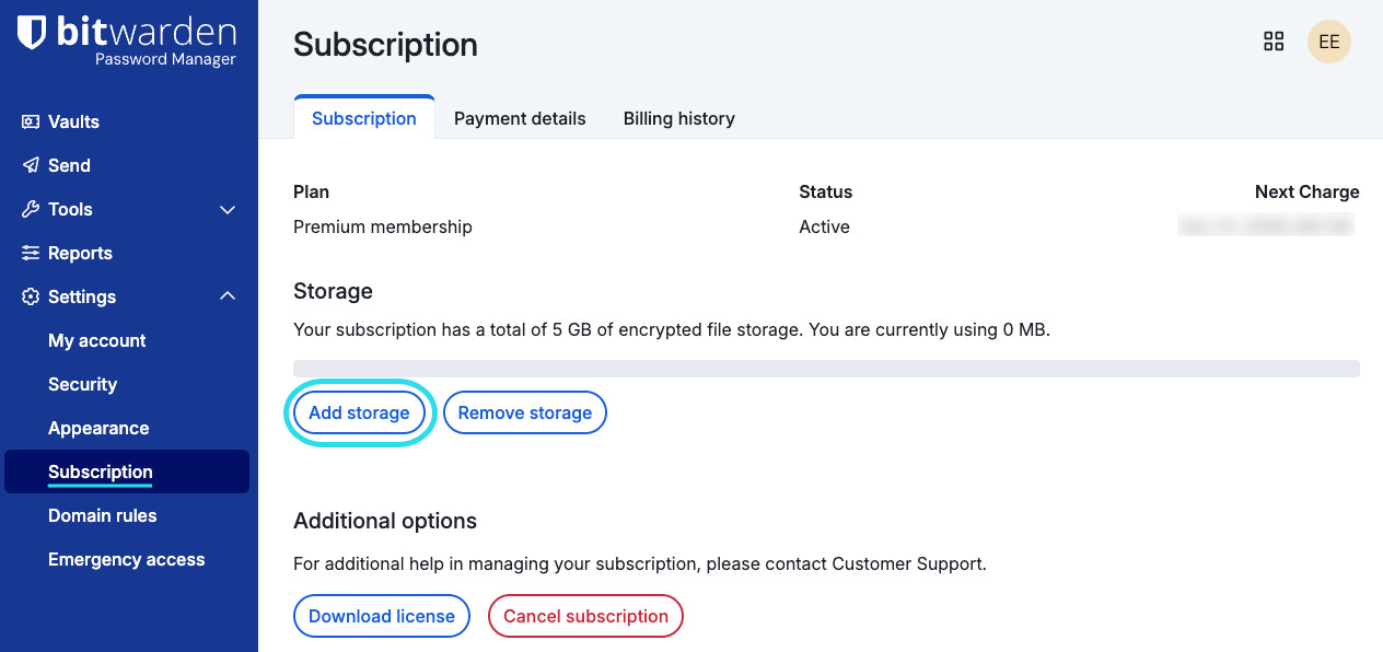 Speicherplatz zu individuellem Tresor hinzufügen