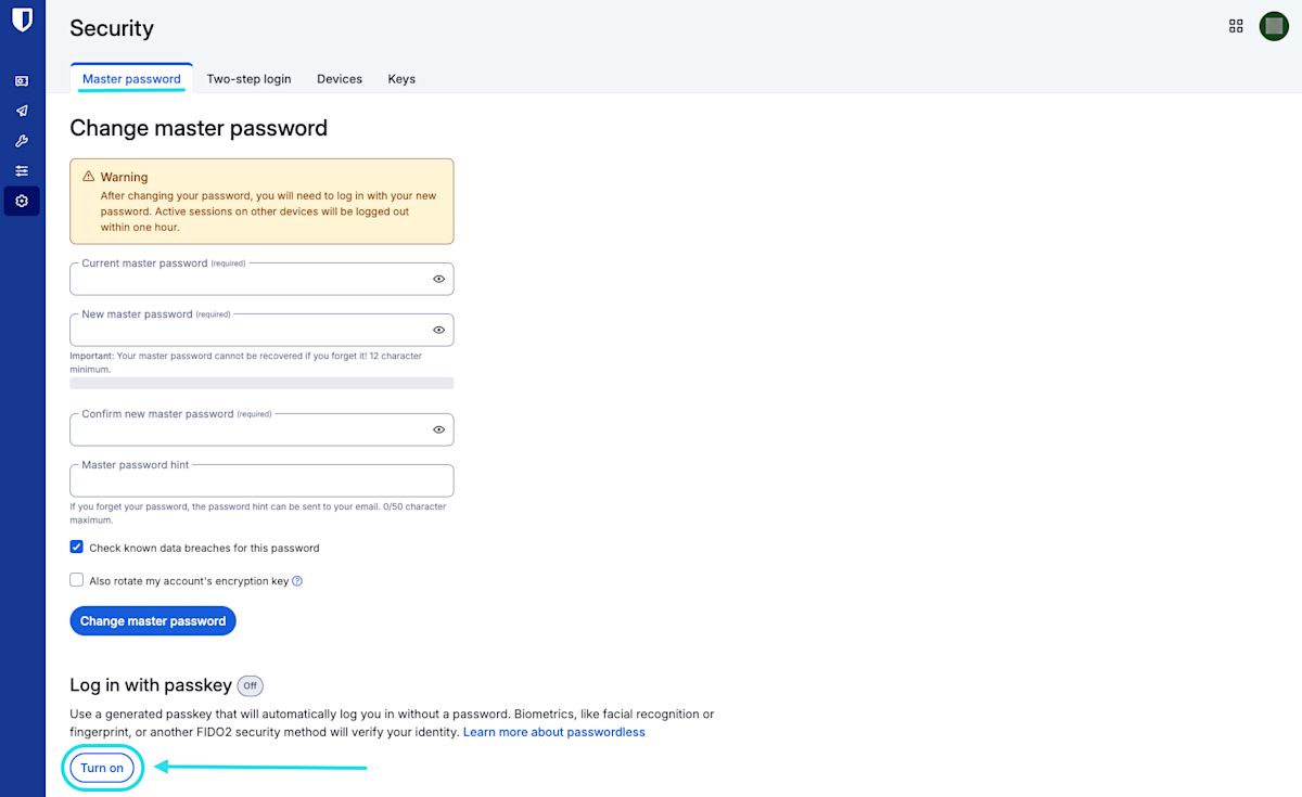 Turn on log in with passkeys