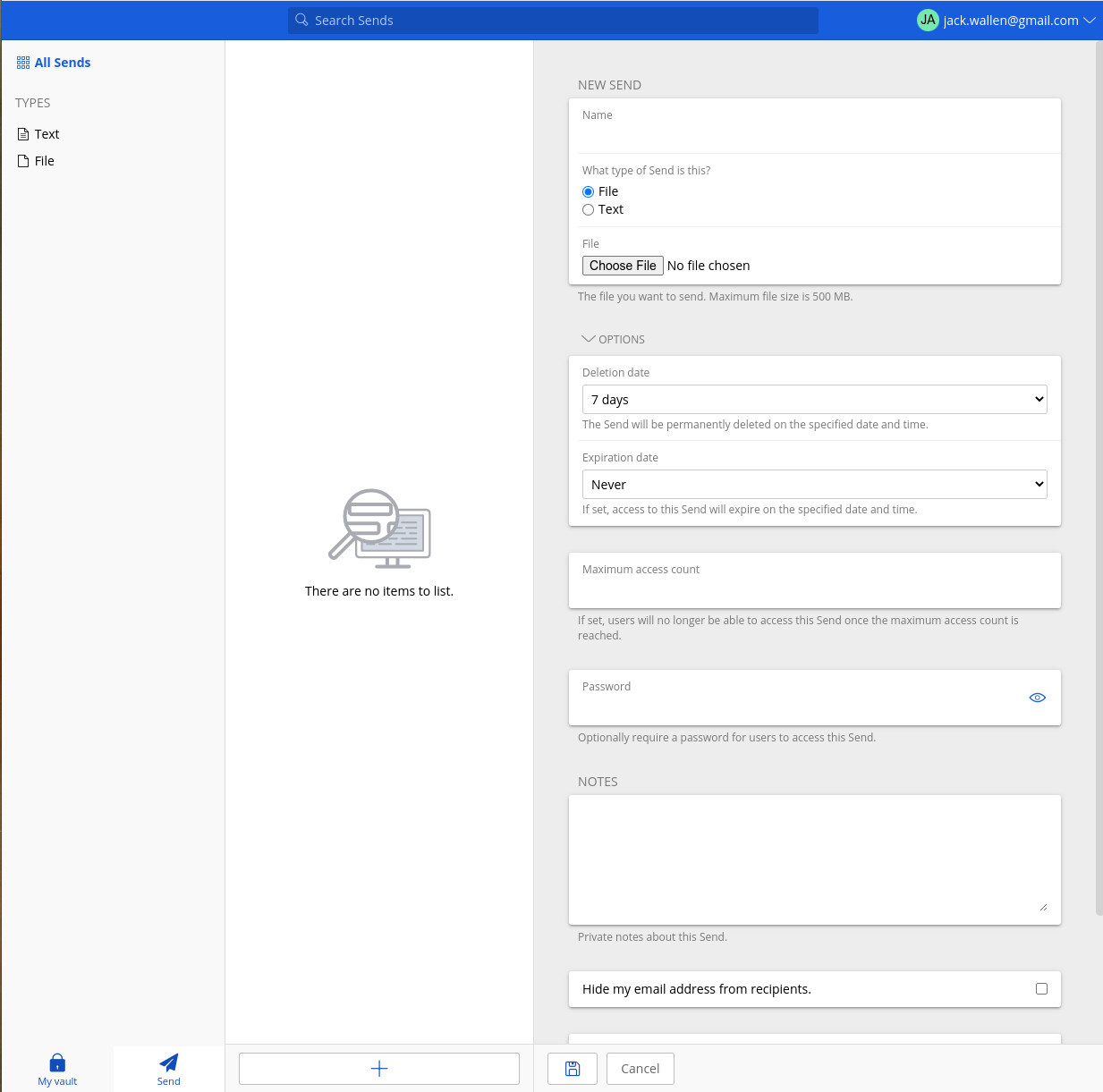 Abbildung 2: Erstellen einer Sendung innerhalb der Bitwarden Desktop App.