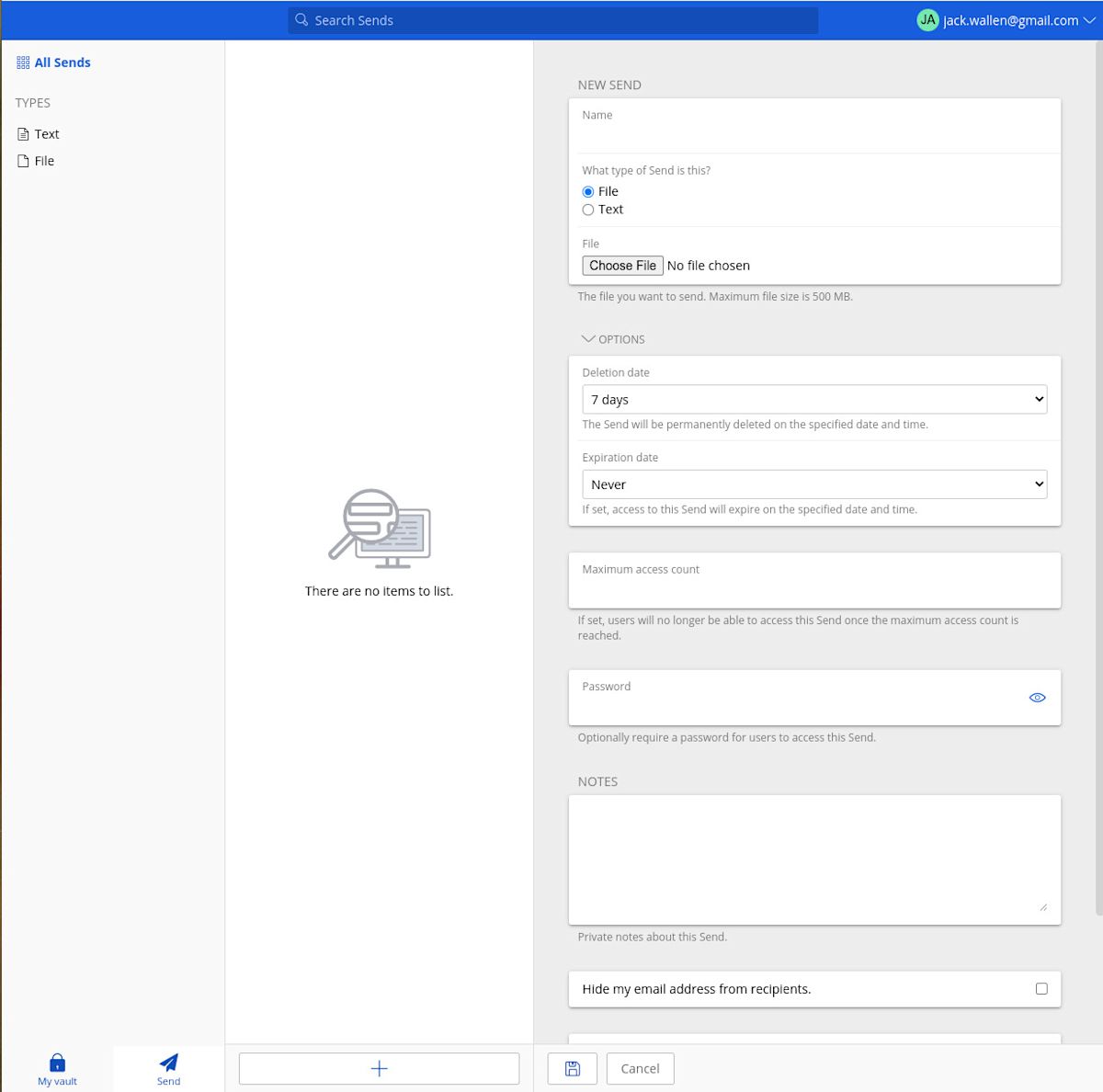 Figure 2: Creating a Send within the Bitwarden desktop app.