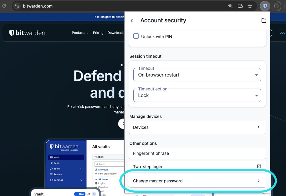 Change master password on browser extension