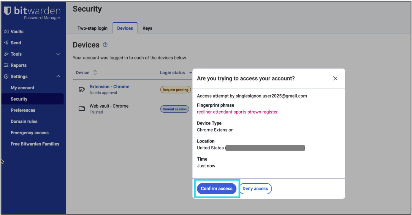 Click the Confirm access button to complete the login