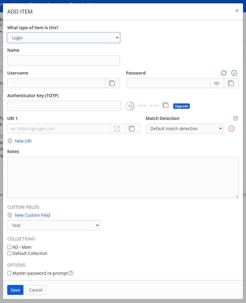 Figure 4: Adding a new item here is the same as adding it to your standard vault.