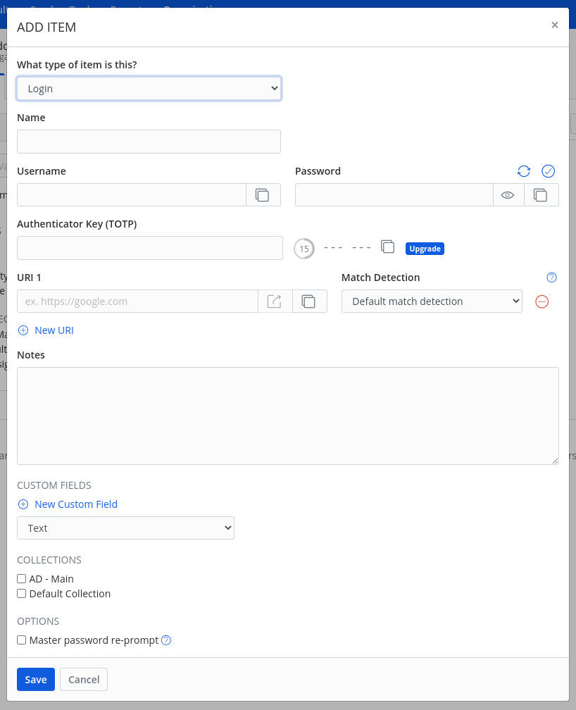 Figure 4: Adding a new item here is the same as adding it to your standard vault.