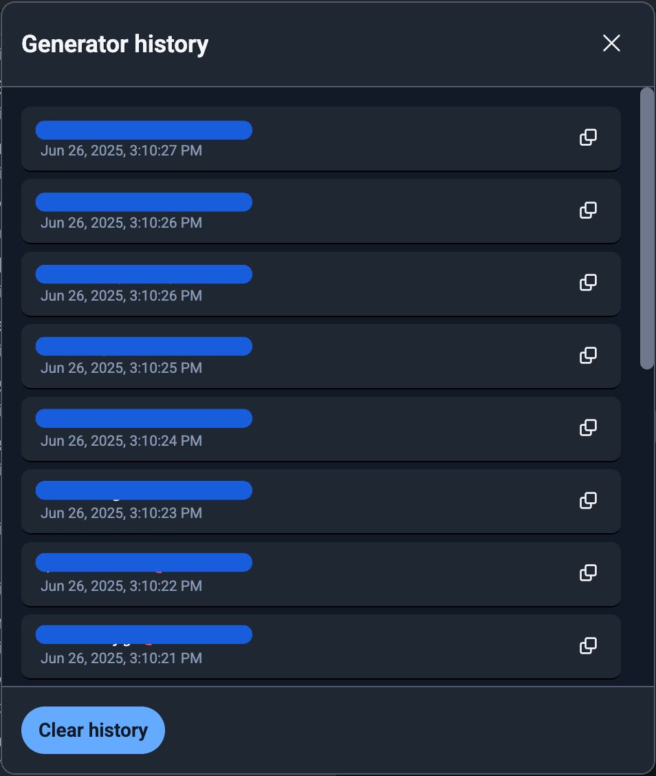 Figure 2: The list of recently generated passwords in the Generator history tool.