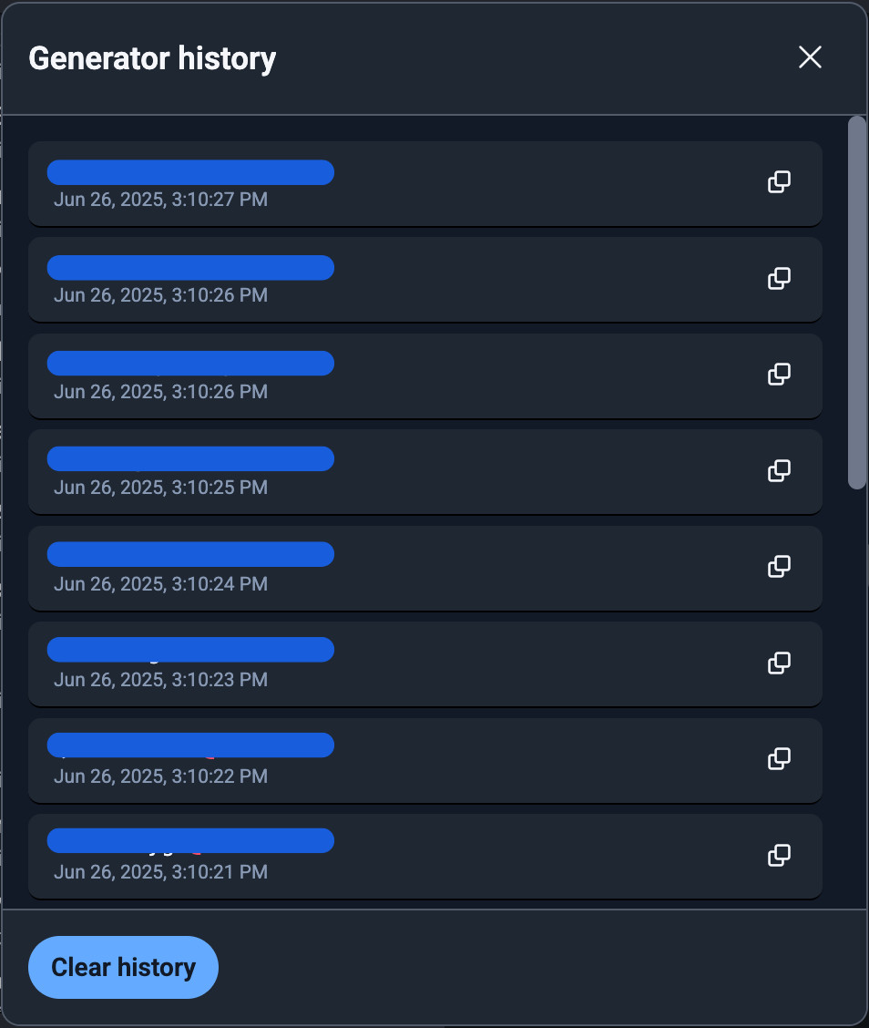 Figure 2: The list of recently generated passwords in the Generator history tool.