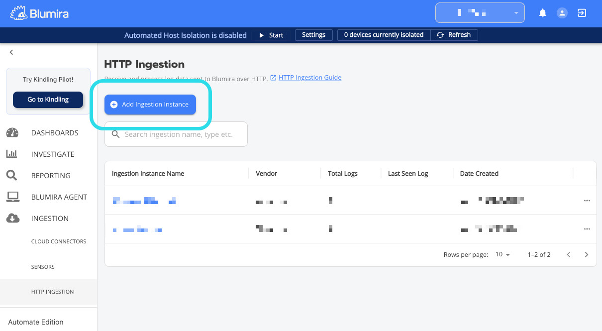 Add an instance in Blumira