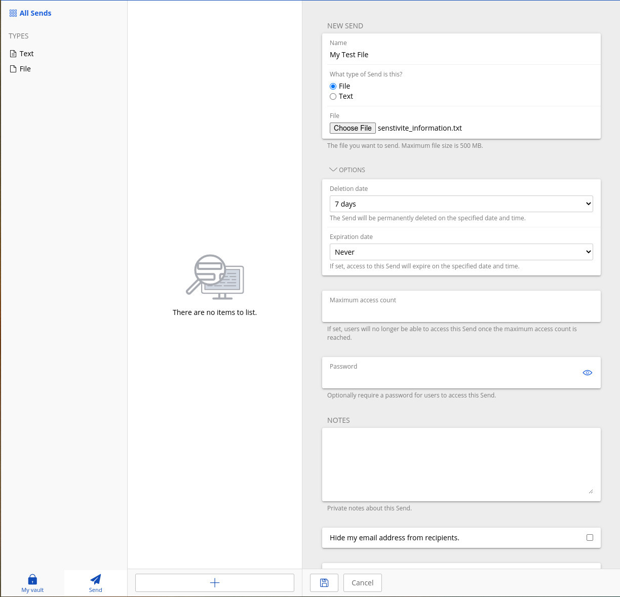 Figure 1: Sending a file or text securely within Bitwarden is as simple as creating a vault entry.