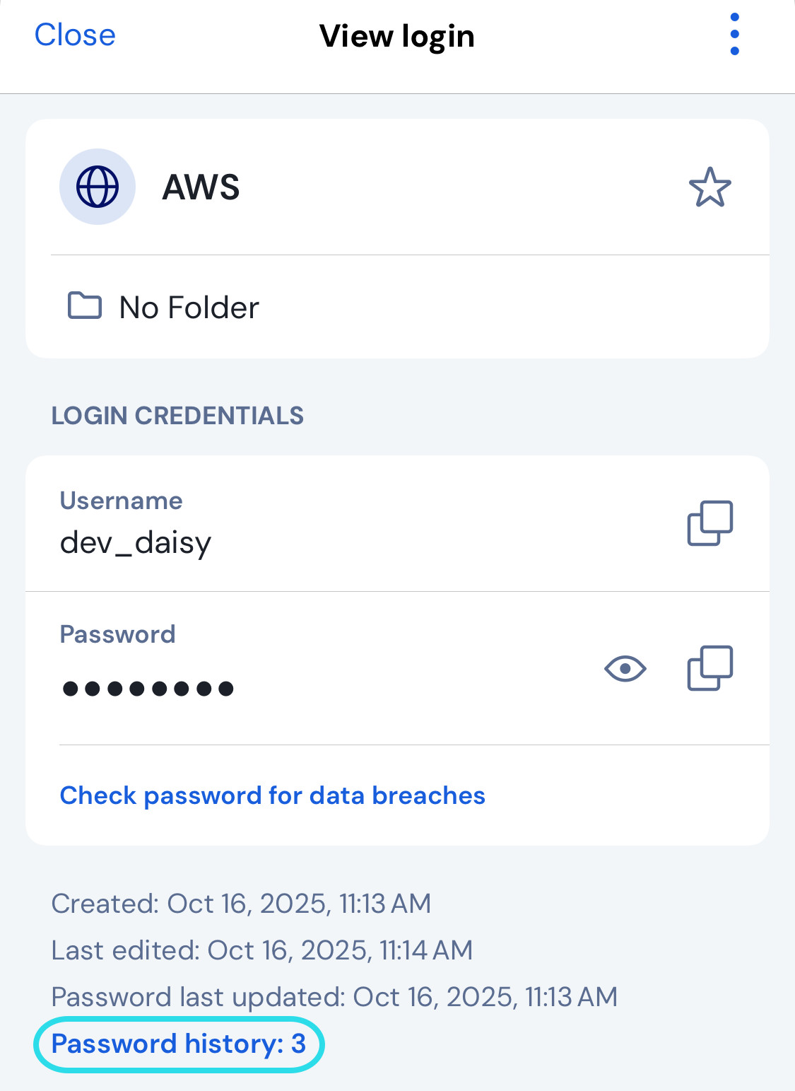 Password history on mobile