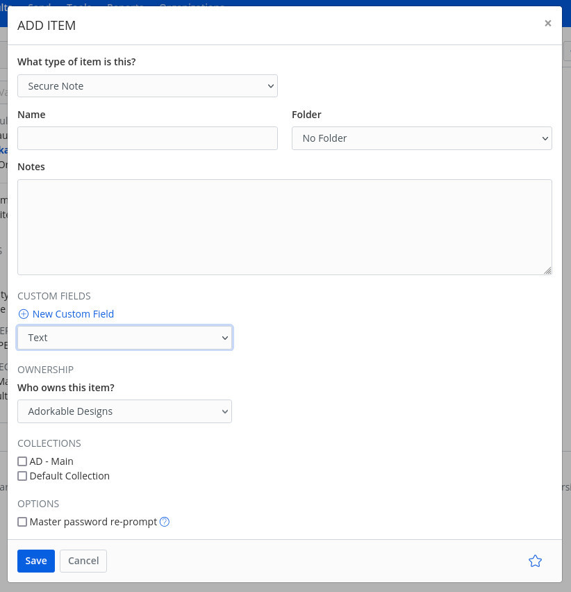 Figure 4: Creating a Secure Note to be saved in our new Organization - Figure 4