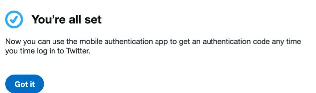 Twitter confirmation after successfully entering 6-digit token from your Bitwarden application into the Twitter website