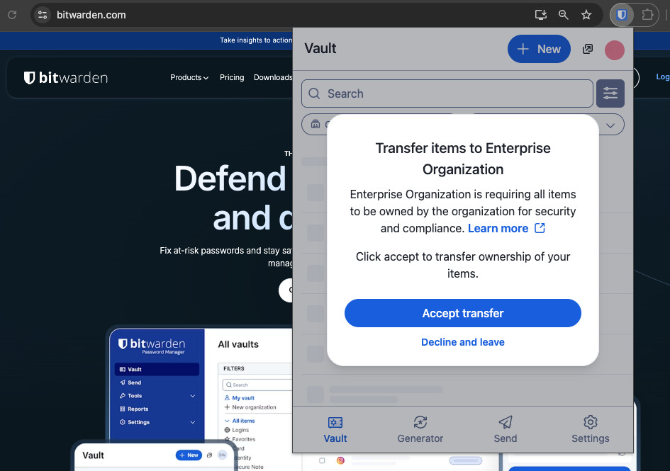 Transfer items to an organization