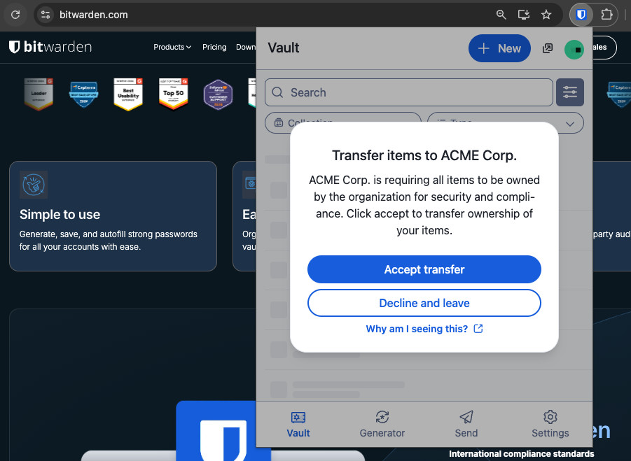 Transfer items to an organization