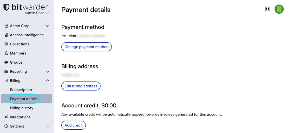 Organization payment details