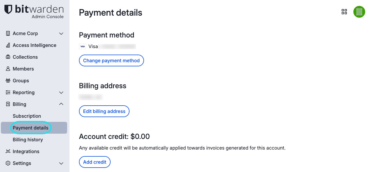 Organization payment details