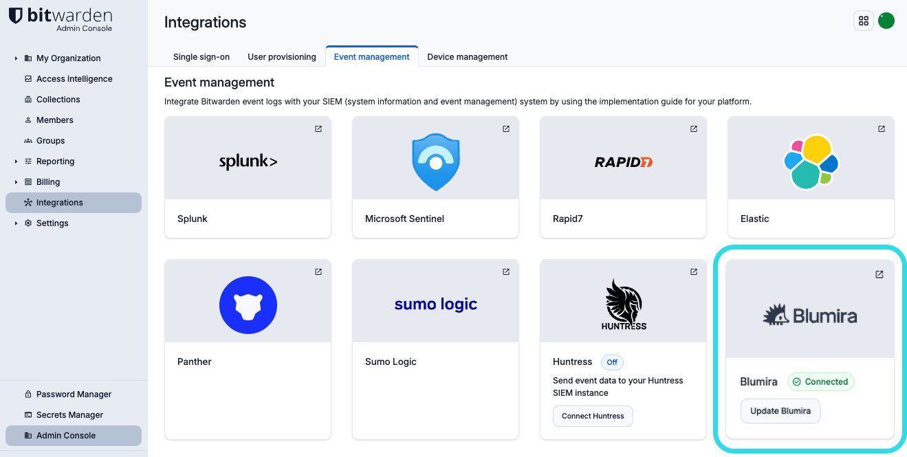 Connect to Blumira from Bitwarden