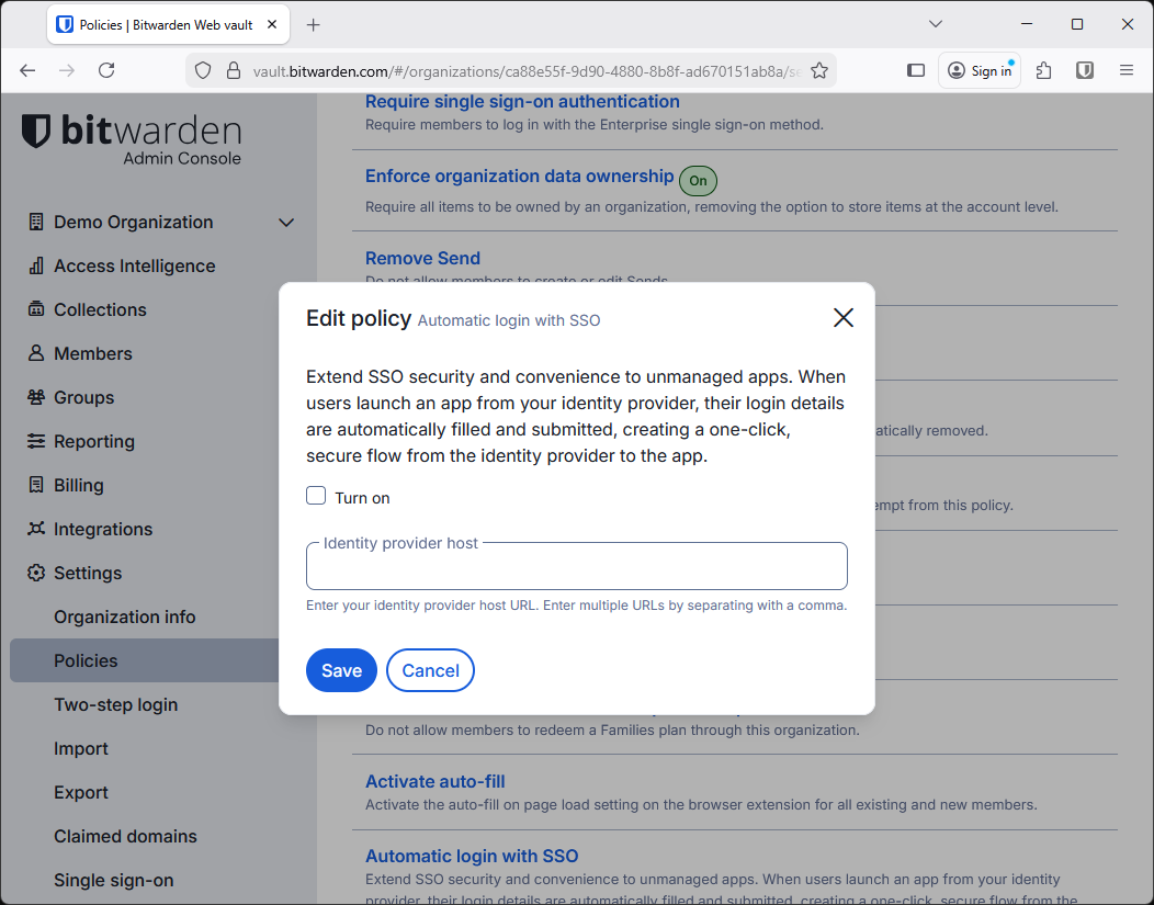 Das Richtlinienfenster zum Aktivieren der automatischen Anmeldung von Benutzern für zulässige Anwendungen