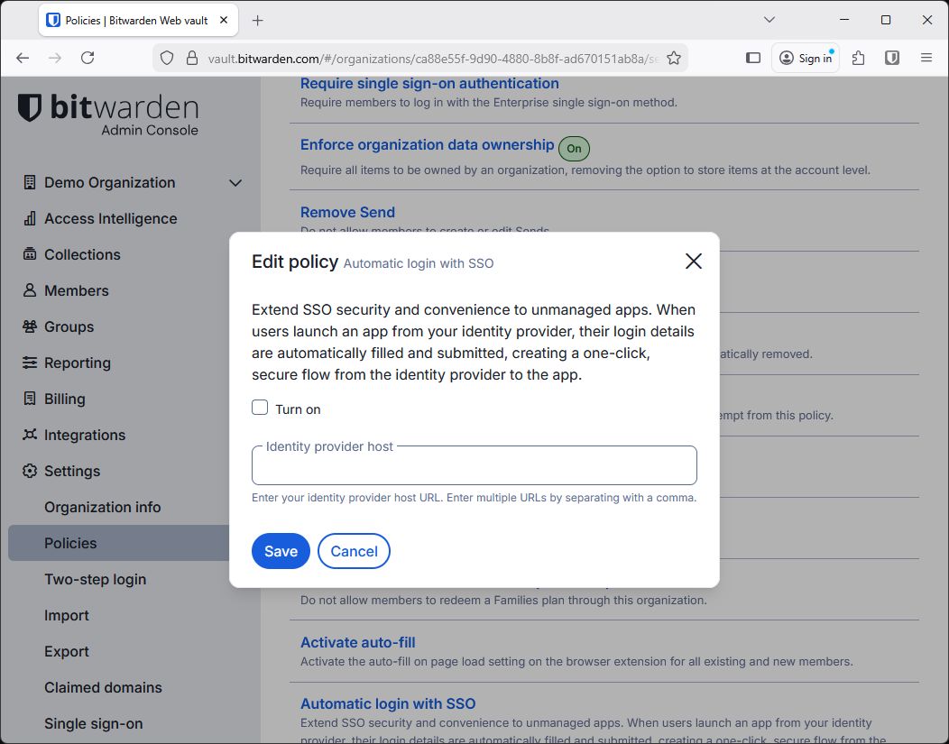 The policy window to turn on Automatic login with SSO