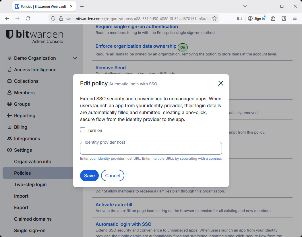 The policy window to turn on Automatic login with SSO