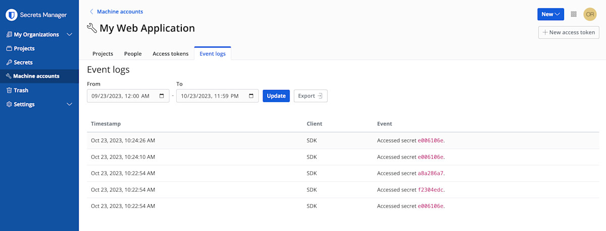 Gebeurtenissen serviceaccount