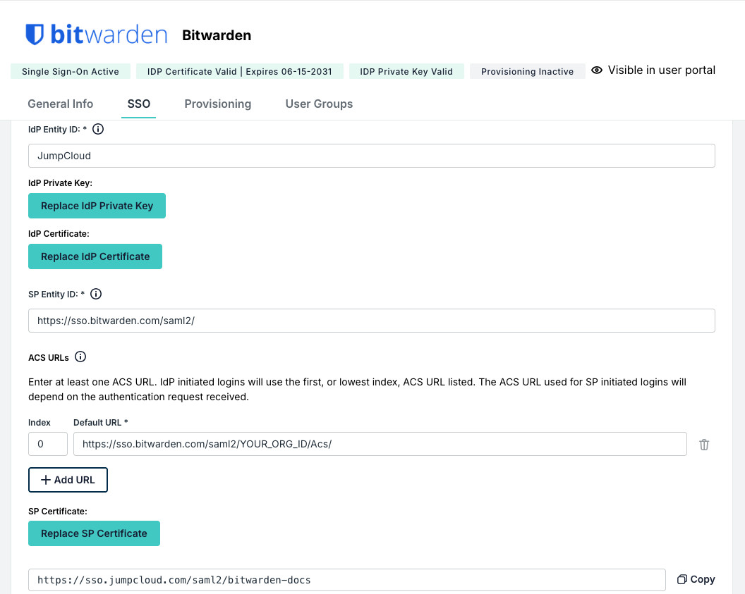 JumpCloud SSO configuration 