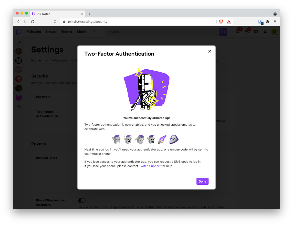 Congratulations Message for Two-Factor Authentication on Twitch