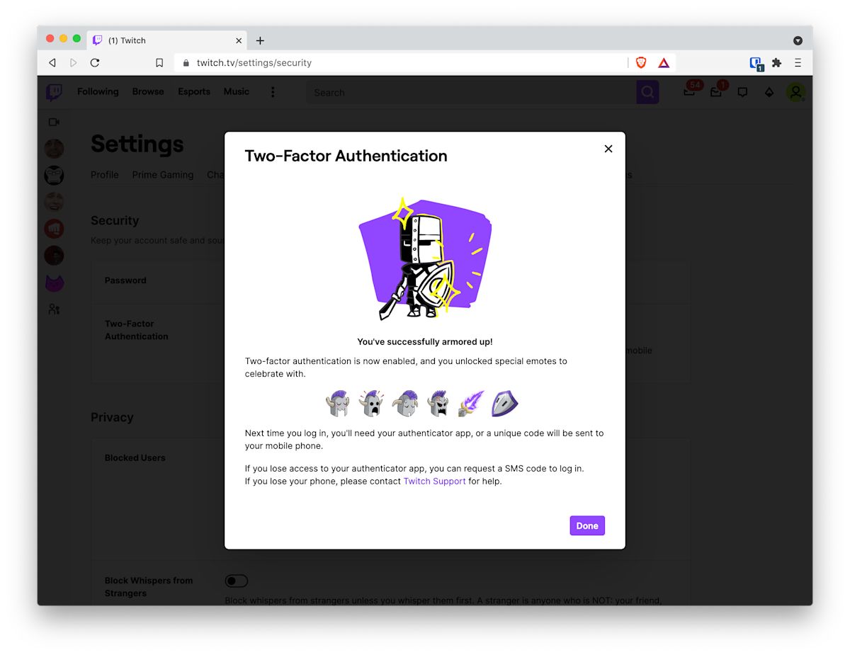 Congratulations Message for Two-Factor Authentication on Twitch
