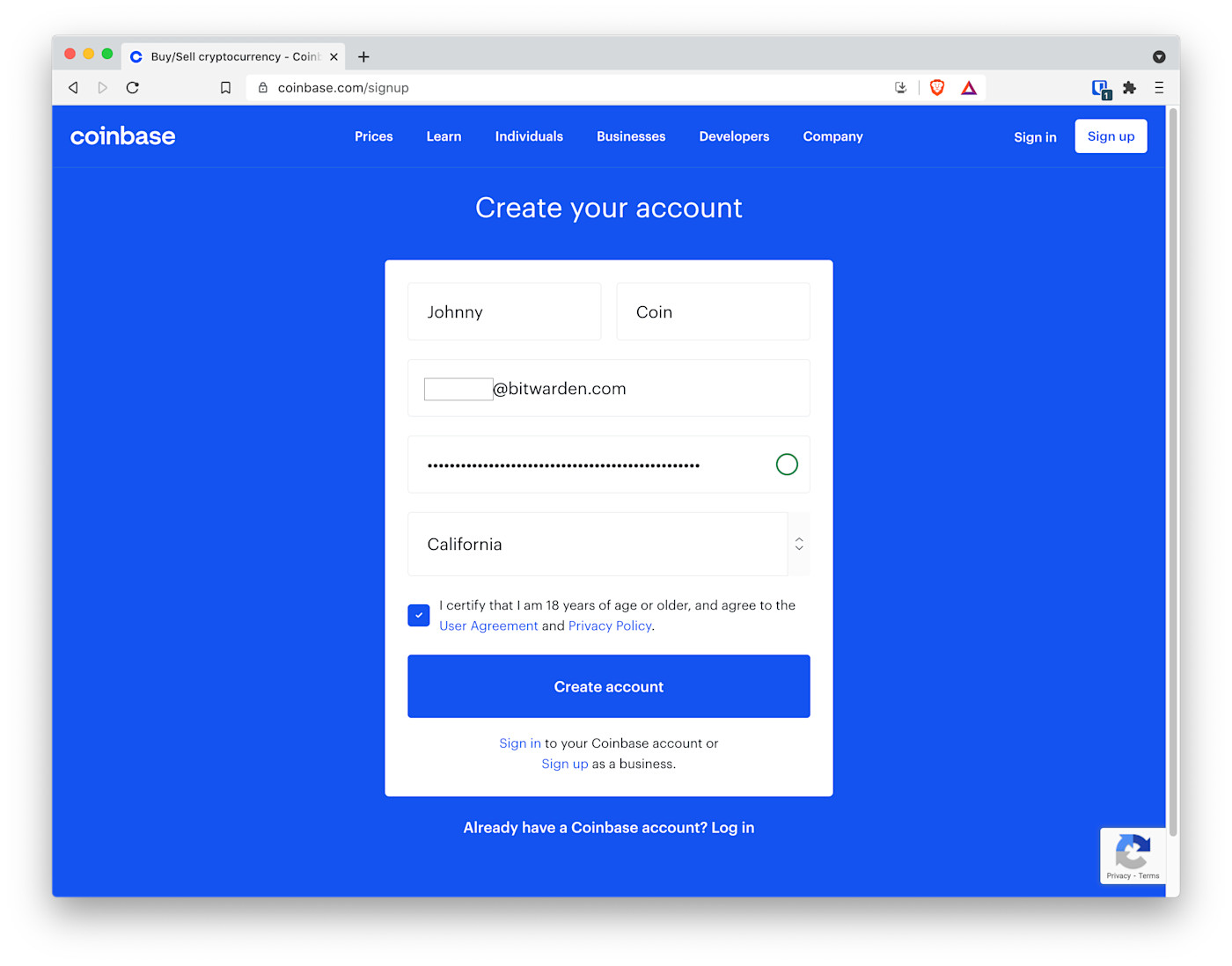 Creating your Coinbase account securely with an extra long password from your password manager