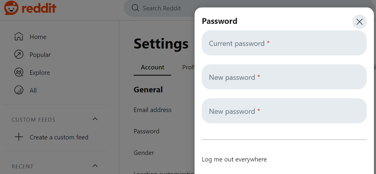 Enter new password on Reddit