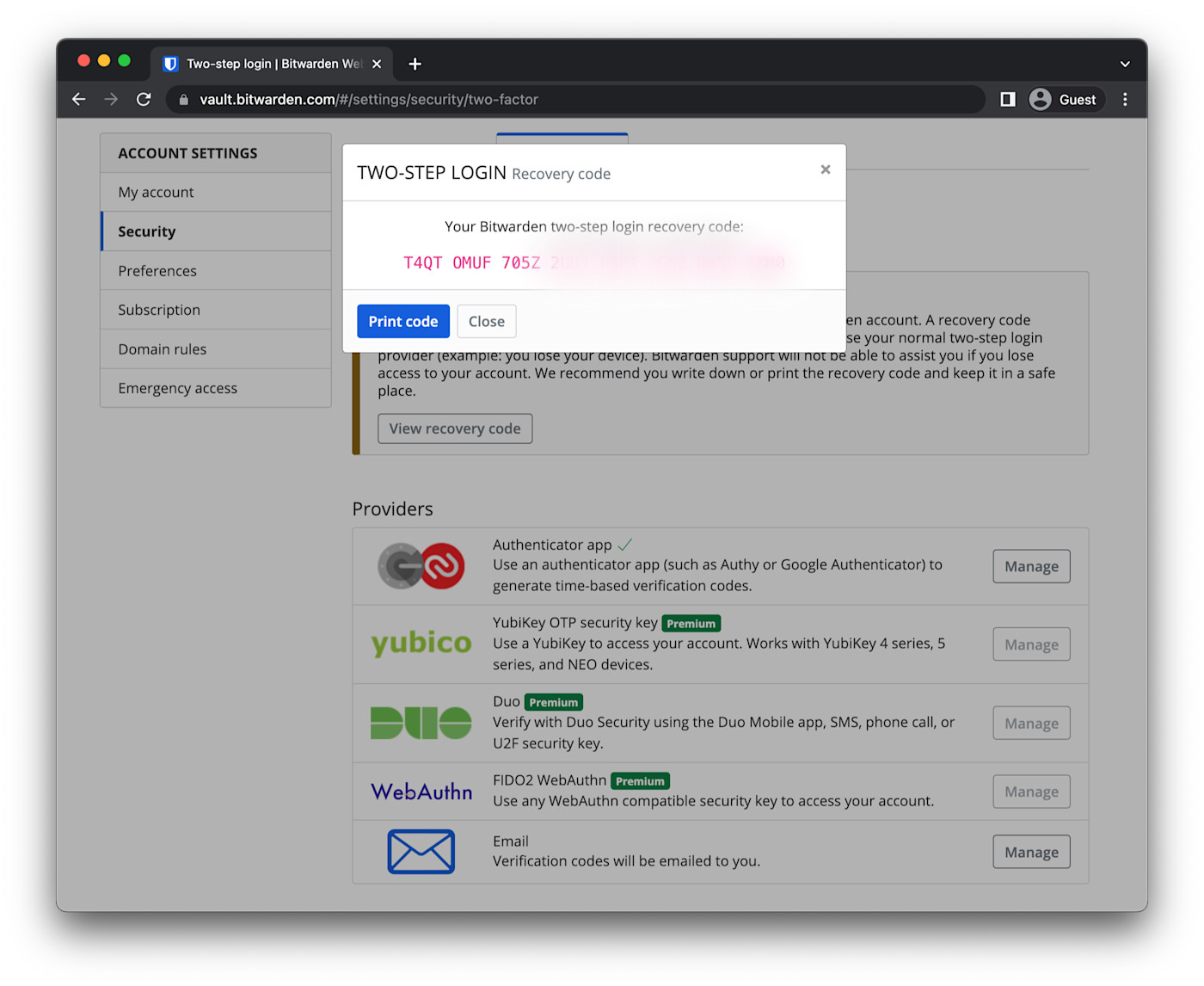 The Two-Step Login Recovery Code within Bitwarden