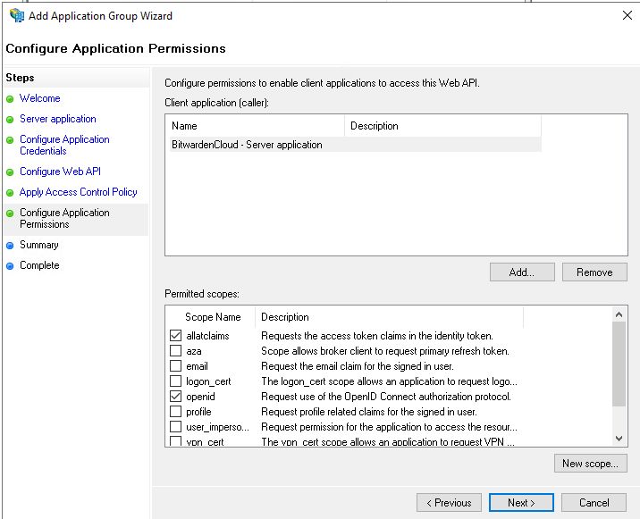 AD FS Configure Application Permissions screen