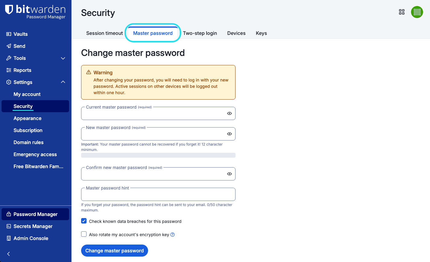 Master password settings