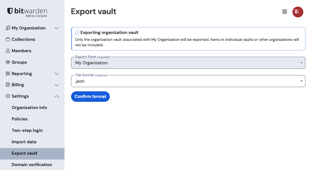 Exportar organización caja fuerte