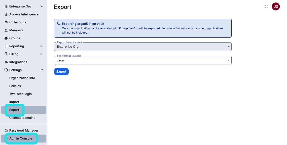 Export organization items