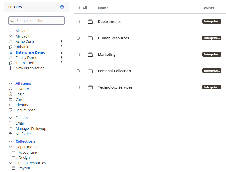 Collections listing for an organization