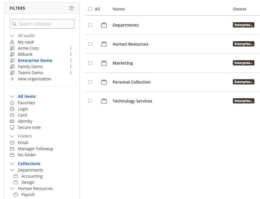 Collections listing for an organization
