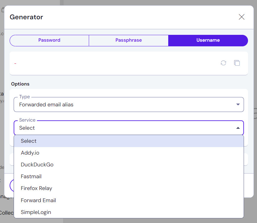 The alias option in the Bitwarden Generator in the desktop application