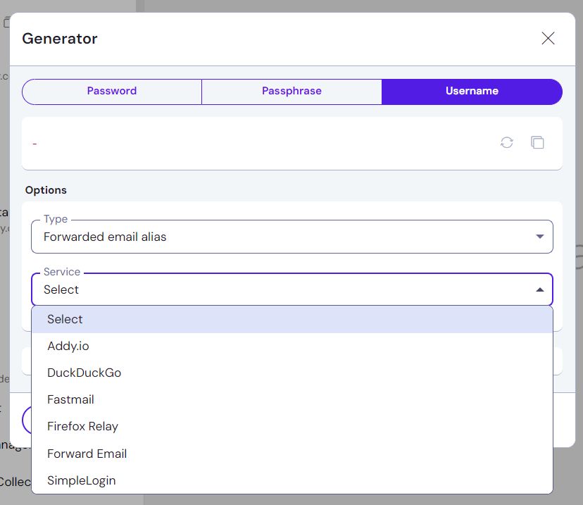 The alias option in the Bitwarden Generator in the desktop application