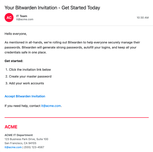 Mockup email with invite link