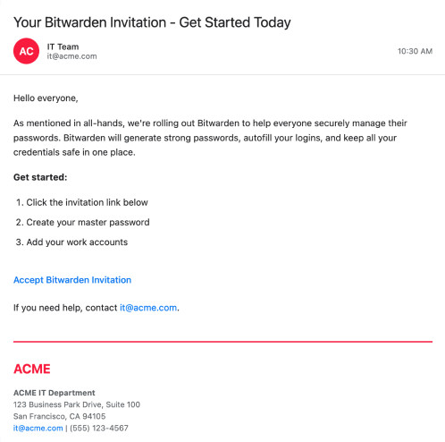 Mockup email with invite link