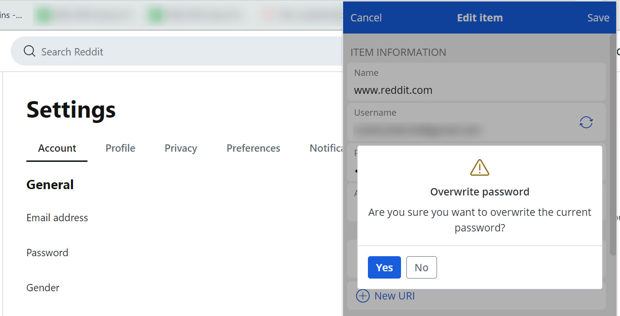Overwrite current password warning