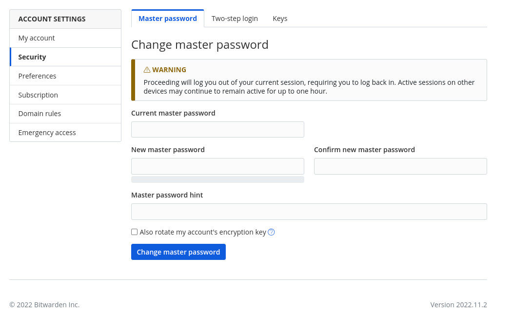 Resetting your Bitwarden master password.