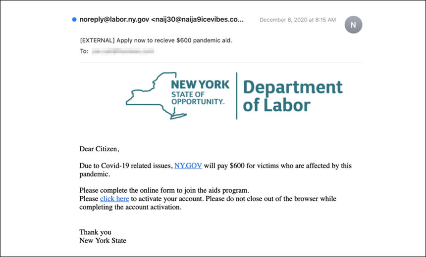Example phishing email posing as the New York Department of Labor (Bank info security)