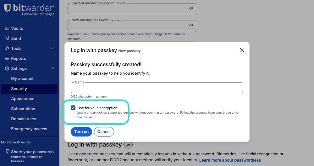 Use passkey for vault encryption