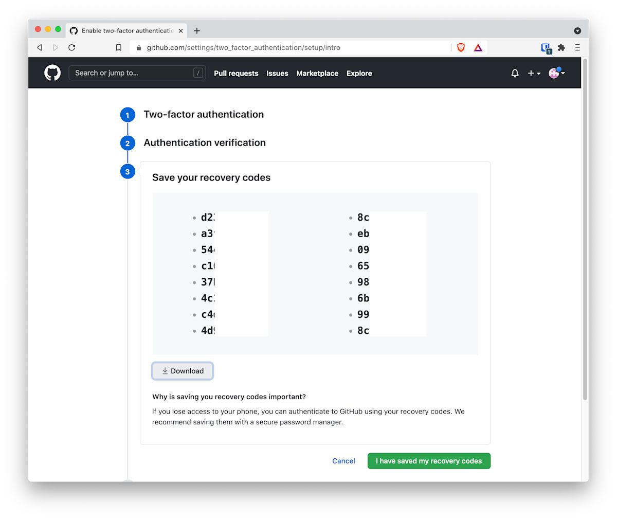 Save your recovery codes!