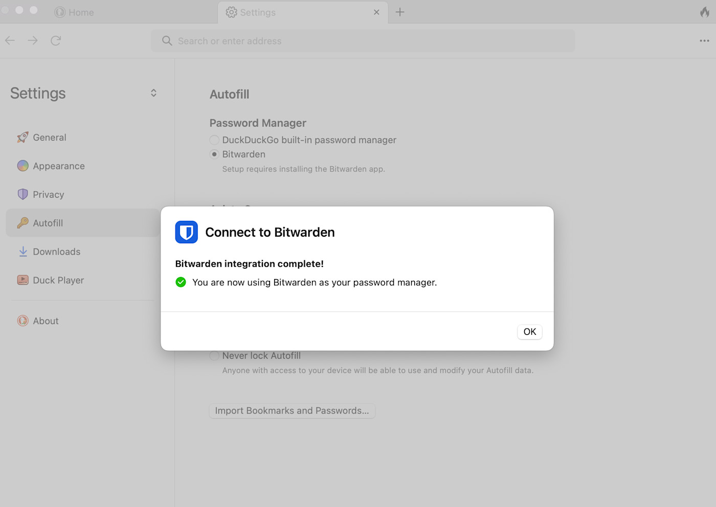 DuckDuckGo Settings | Bitwarden integration completed