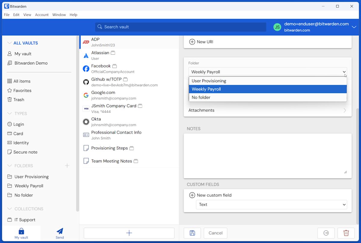 Figure 3: Adding a vault item to the Weekly Payroll folder.