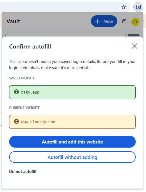 Bitwarden autofill warning on URI mismatch