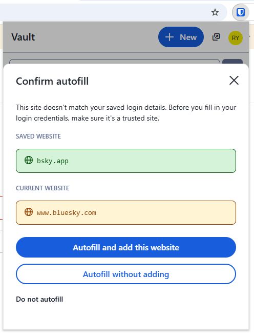 Bitwarden autofill warning on URI mismatch