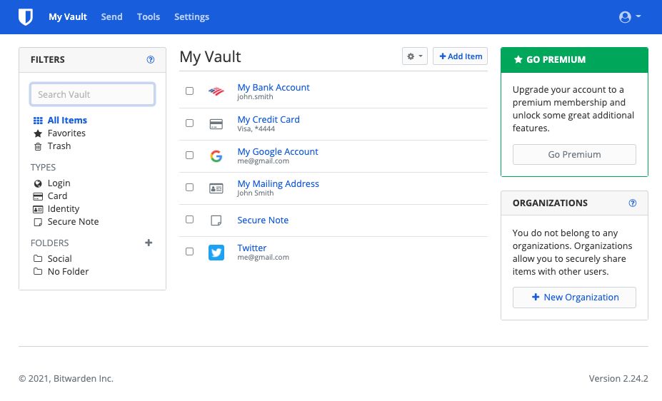 Web Vault Main View - What your vault looks like within the web vault.